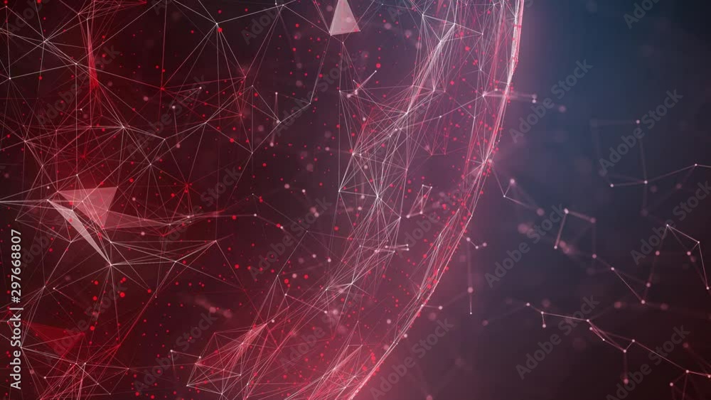 Poster Futuristic network red coloured globe with lines and dots motion background.