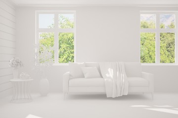 Mock up of stylish room in white color with sofa and green landscape in window. Scandinavian interior design. 3D illustration