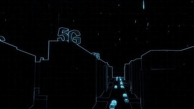 Modern city connected through 5g animation. Neon light skyscrapers and highway traffic outline on black background. Futuristic urban artificial intelligence concept. Megapolis telecommunication system