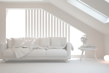 Stylish room in white color with sofa and summer landscape in window. Scandinavian interior design. 3D illustration