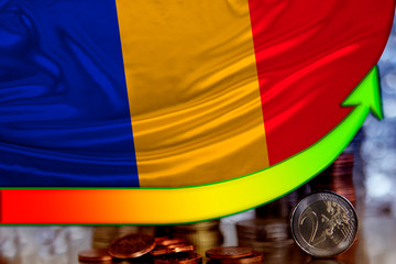 arrow of growing positions of the euro currency and the flag of the country of Romania, the concept of financial growth, the dynamics of the exchange rate to the national currency