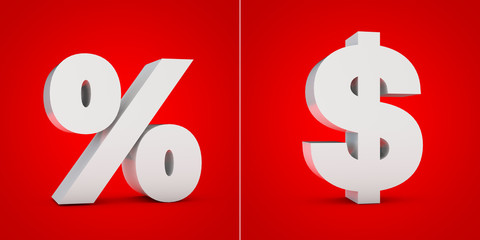 White 3D alphabet symbols percent and dollar isolated on red background.