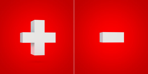 Obraz premium White 3D alphabet symbols plus and minus isolated on red background.