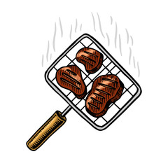 Barbecue grill with steak in vintage style. Drawn by hand. Bbq party ingredients. Hot food. Vector illustration for menu or labels.
