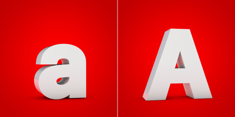 White 3D alphabet letter A isolated on red background.