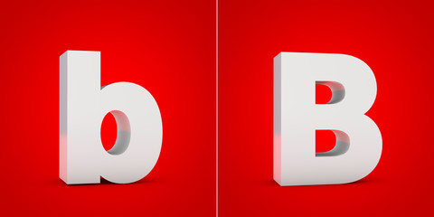 White 3D alphabet letter B isolated on red background.