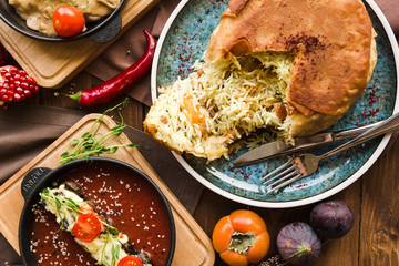 variety of restaurant dishes of national Georgian Armenian and Azerbaijani cuisine