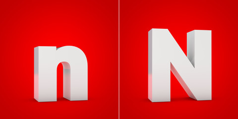 White 3D alphabet letter N isolated on red background.