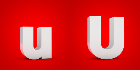 White 3D alphabet letter U isolated on red background.