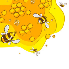 Horizontal banner with bees combs. Honey isolated on yellow background. Vector illustration EPS10