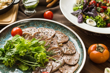 variety of restaurant dishes of national Georgian Armenian and Azerbaijani cuisine