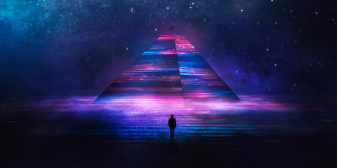 Futuristic abstract night neon background. Light pyramid in the center. Night view of the pyramid illumination. Neon lights reflected on wet asphalt.