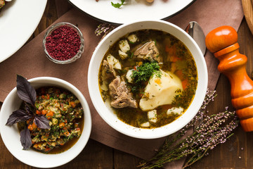 variety of restaurant dishes of national Georgian Armenian and Azerbaijani cuisine