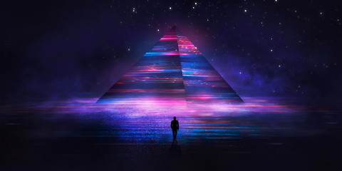 Futuristic abstract night neon background. Light pyramid in the center. Night view of the pyramid illumination. Neon lights reflected on wet asphalt. © MiaStendal
