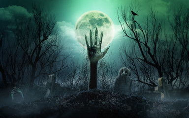 Skeleton Zombie Hands Rising Out Of A Cemetery - Halloween Background 3D Rendering