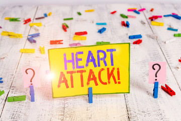 Text sign showing Heart Attack. Business photo text sudden occurrence of coronary thrombosis resulting in death Scribbled and crumbling sheet with paper clips placed on the wooden table