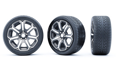 Car wheels isolated on a white background. 3D rendering.