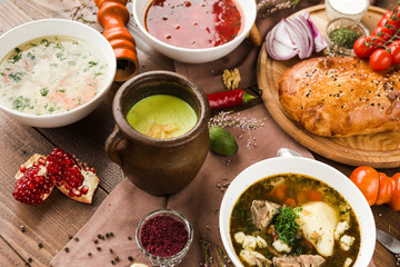 variety of restaurant dishes of national Georgian Armenian and Azerbaijani cuisine