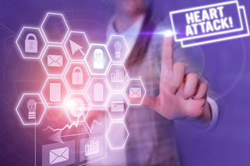 Conceptual hand writing showing Heart Attack. Concept meaning sudden occurrence of coronary thrombosis resulting in death Woman wear formal work suit present using smart latest device