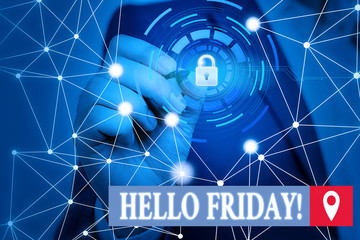 Conceptual hand writing showing Hello Friday. Concept meaning used to express happiness from beginning of fresh week Picture photo system network scheme modern smart device