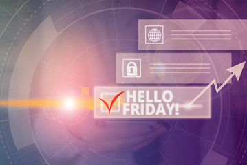 Conceptual hand writing showing Hello Friday. Concept meaning used to express happiness from...