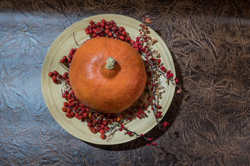Gifts of nature. Orange pumpkin on a wooden dish, on a colored background. Framed with red mountain ash and draris. Tasty, healthy, healthy food.