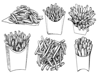 Graphical set of french fries isolated on white background,vector illustration, fast  food - obrazy, fototapety, plakaty