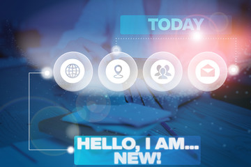 Word writing text Hello I Am New. Business photo showcasing introducing oneself in a group as fresh worker or student Picture photo system network scheme modern technology smart device