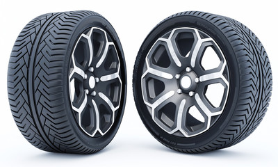 Car wheels isolated on a white background. 3D rendering.