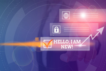 Word writing text Hello I Am New. Business photo showcasing introducing oneself in a group as fresh worker or student Picture photo system network scheme modern technology smart device