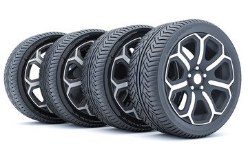 Car wheels isolated on a white background. 3D rendering.