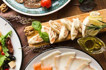 variety of restaurant dishes of national Georgian Armenian and Azerbaijani cuisine