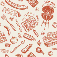 Barbecue grill seamless pattern in vintage style. Drawn by hand. Bbq party ingredients. Hot grill food, beer and tools, vegetables and spices. Vector illustration for menu or labels.