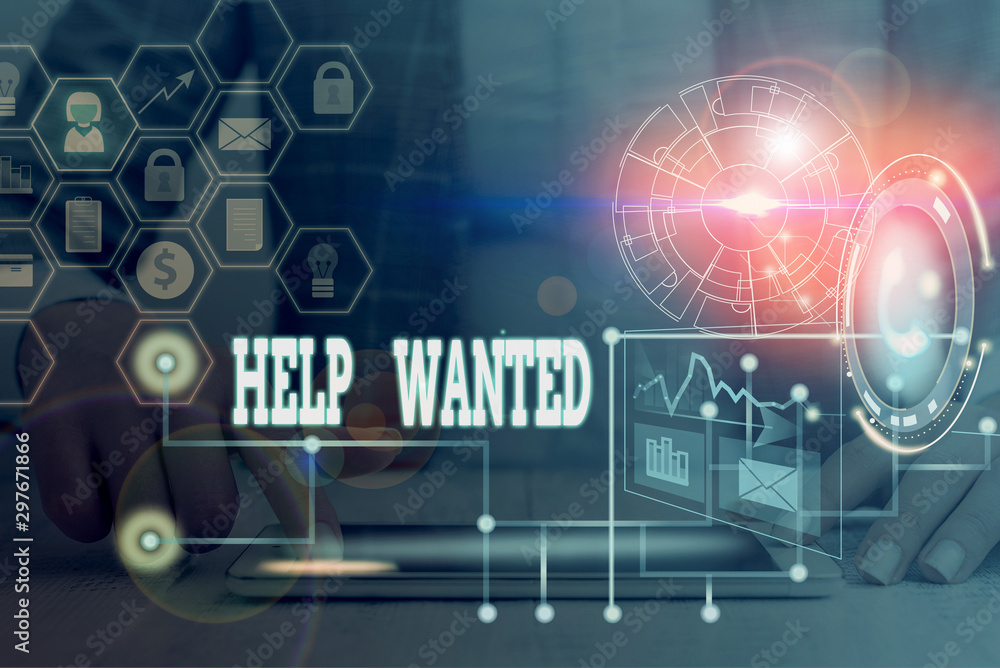 Poster writing note showing help wanted. business concept for an ad in the paper an employer places to find