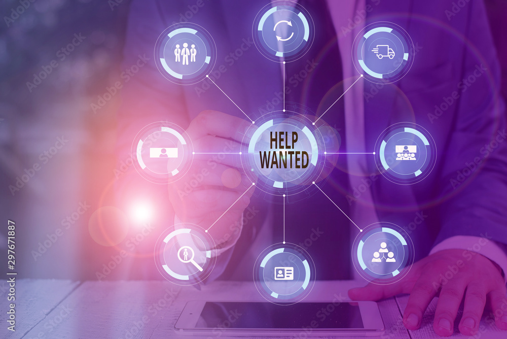 Poster writing note showing help wanted. business concept for an ad in the paper an employer places to find