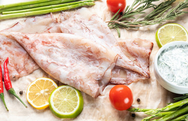 photo seafood and fish on parchment with vegetables on the Board