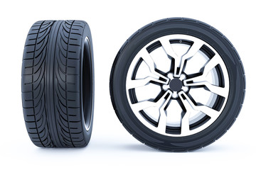 Car wheels isolated on a white background. 3D rendering.