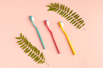 Colored toothbrushes composition on pink background. Flat lay.
