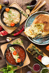 variety of restaurant dishes of national Georgian Armenian and Azerbaijani cuisine