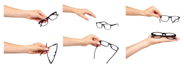 Black classic eyeglasses, optical correction instrument, set and collection.