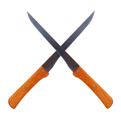 Kitchen knives crossed, wooden handle. Isolated on white.