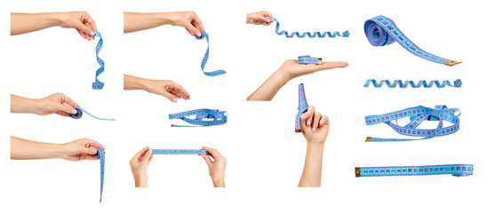 Blue sewing centimeter, set and collection. Isolated.