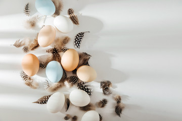Natural Colored brown, quail and white Eggs with sunlights. Compositions in pastel colors. Easter consept.  Flat lay, top view .