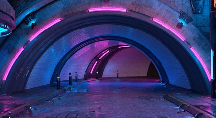 Foto op Aluminium Photorealistic 3d illustration in the style of cyberpunk. Tunnel road with bright neon lights. Beautiful night cityscape. Grunge urban landscape. © Valeriy
