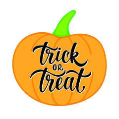 Trick or treat hand sketched text with pumpkin.  Celebration quotation isolated on white background. Vector illustration.