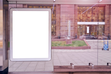 Empty billboard, advertising city format in Moscow on a bus stop with bench, mockup of a blank white poster.