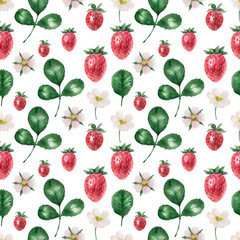Watercolor background with ripe strawberries