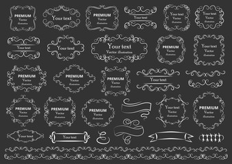 Calligraphic design elements . Decorative swirls or scrolls, vintage frames , flourishes, labels and dividers. Retro vector illustration.