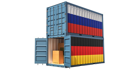 Two freight container with Russia and Germany flag. Isolated on white - 3D Rendering