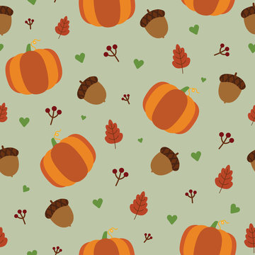 Autumn and fall pattern. Vector seamless pattern background with fall leaves, acron, heart and pumpkin. Seasonal print. cute flat design fall wallpaper.